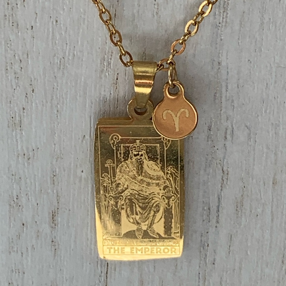 Gold Tarot "The Emperor" Pendant Necklace with Aries Charm